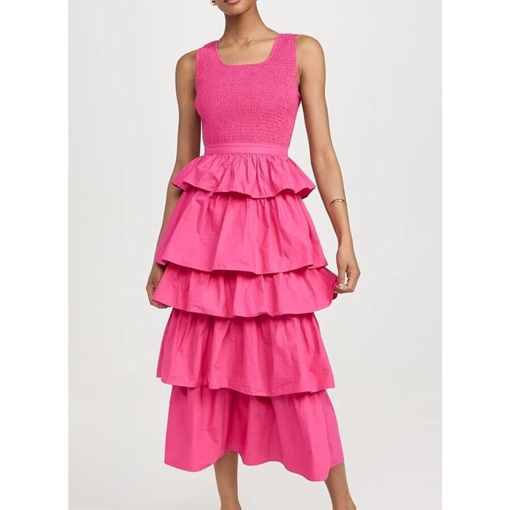 Rhode Nia Sleeveless Smocked Tiered Ruffle A-Line Midi Dress Hot Pink Womens M